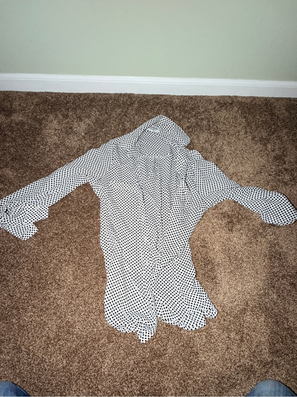 Express White Button-Down Shirt with Black Polka Dots